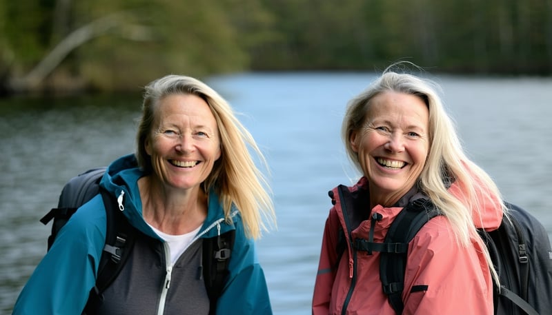 Kvinner på tur sammen, smilende og glade Kvinner på tur sammen, smilende og glade
