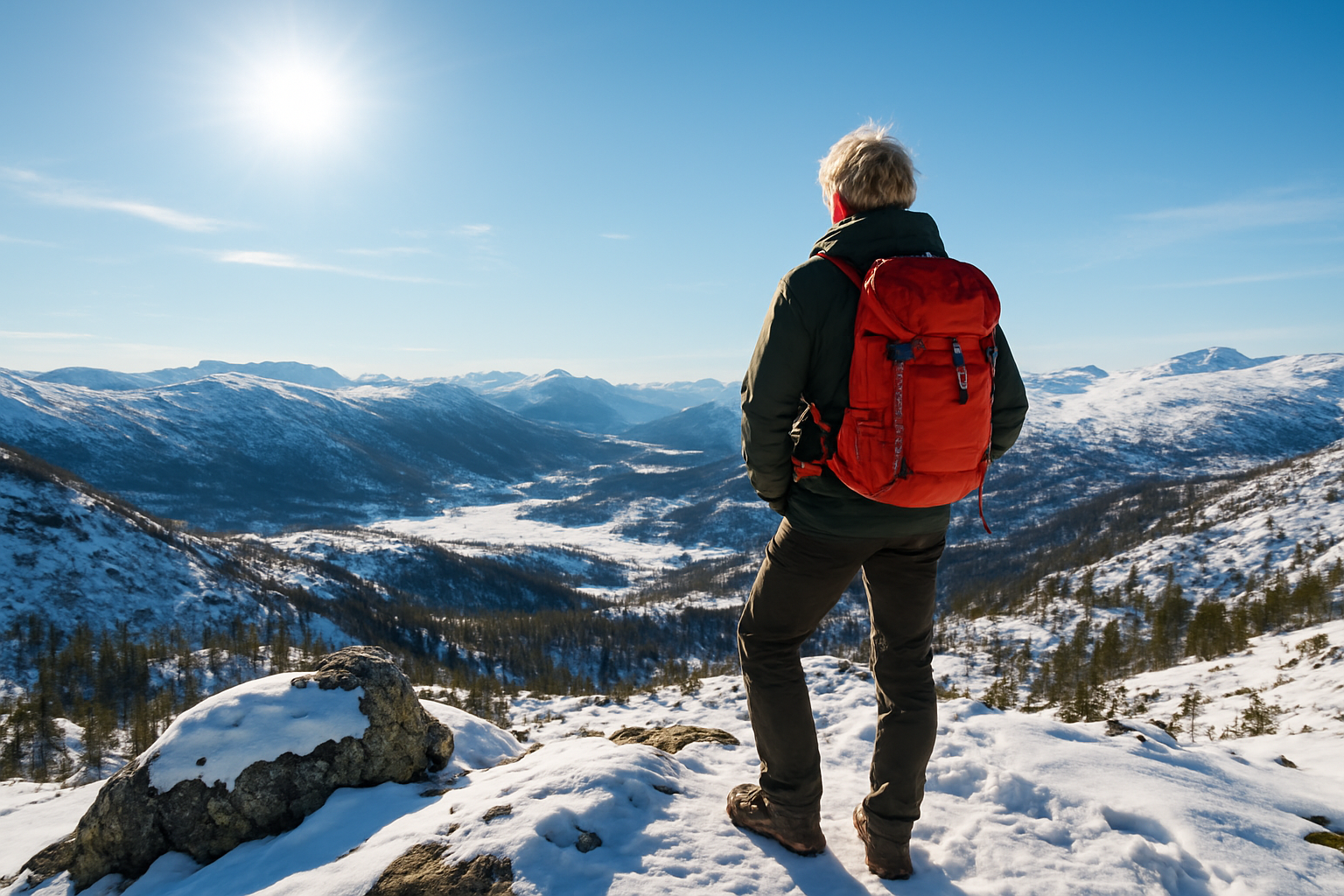 Person som ser utover snøkledde områder Person som ser utover snøkledde områder